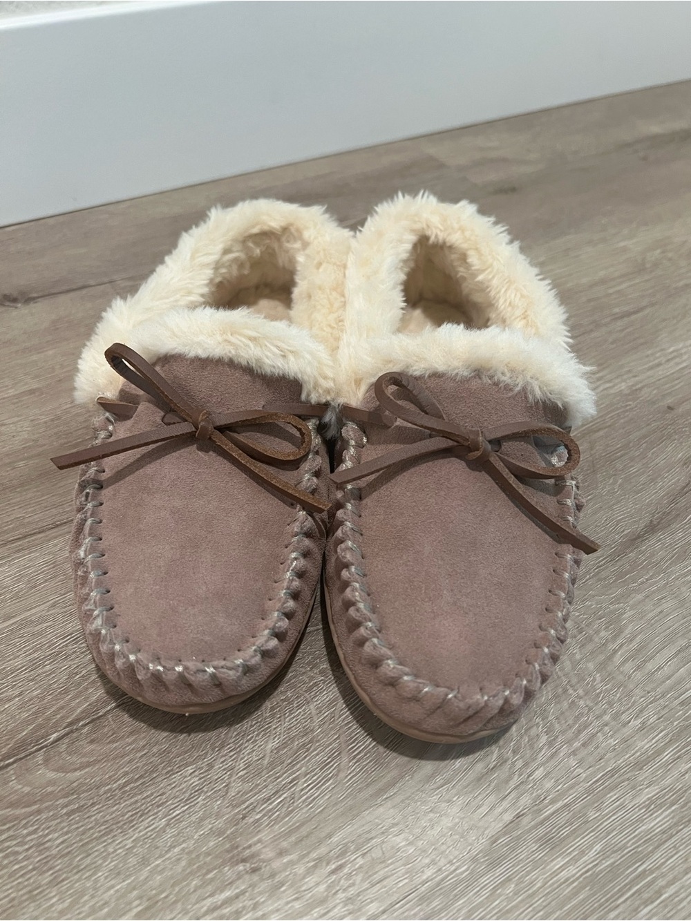J. Crew Faux-Suede Moccasin Slippers in Taupe with Cream Trim